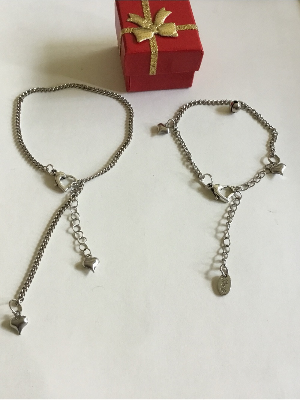 2 Pieces Sterling-Style Heart Charm Bracelet Set - Silver